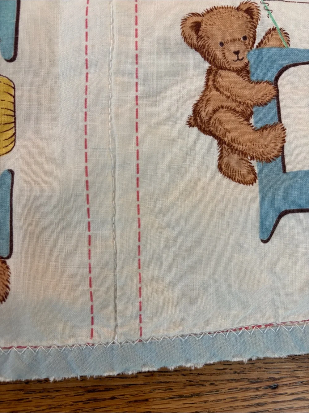 Vintage Handmade Blue Alphabet Teddy Baby Quilt - Adorable Hung on Wall/Display